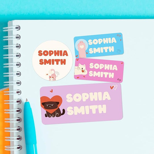 Personalized Name Tag Stickers for Kids | Cat Waterproof Labels for School by Cryptonite
