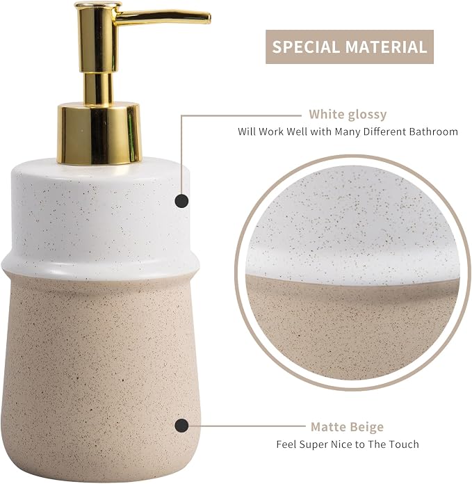 Beige Ceramic Soap Dispenser for Kitchen, Refillable Hand Dispenser - Image 3