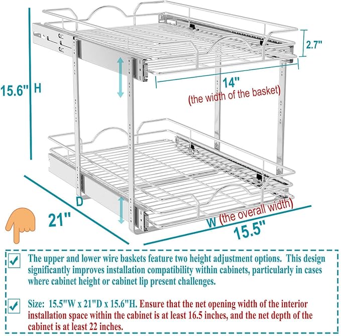 OCG 2 Tier Pull Out Cabinet Organizer, Pull Out Drawers - Image 4