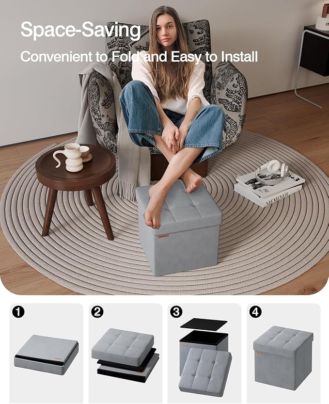Folding Storage Ottoman, Velvet Storage Bench, - Image 4