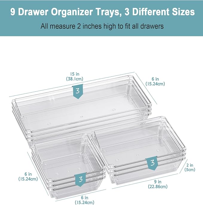 9 Pack Large Clear Plastic Drawer Organizer Trays, Desk Drawer Organizers and - Image 2