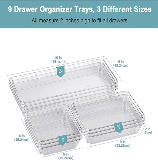 9 Pack Large Clear Plastic Drawer Organizer Trays, Desk Drawer Organizers and - Image 2