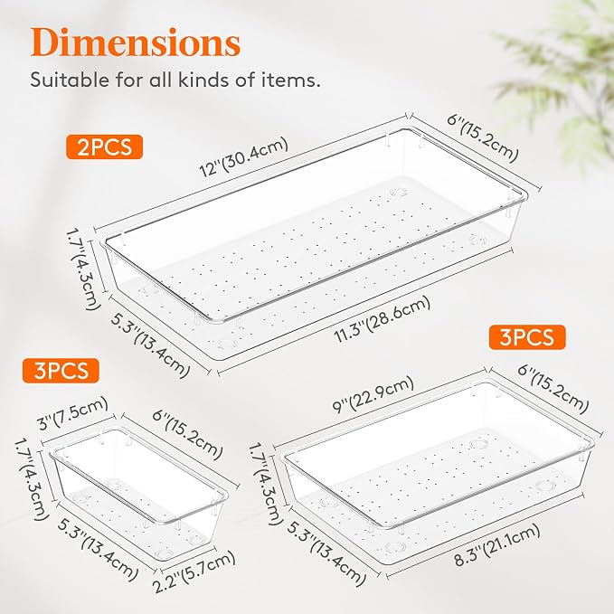 Lifewit 8 Pcs Large Bathroom Drawer Organizers, 3 Sizes Clear Plastic Storage - Image 2