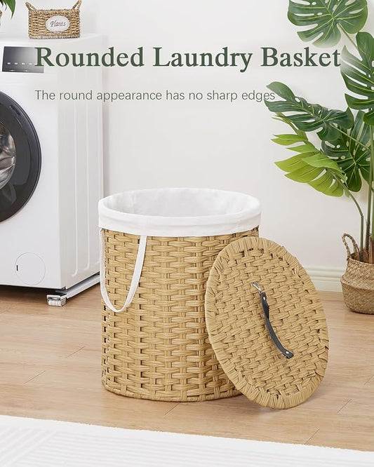 Laundry Hamper with Lid Wicker Laundry Hamper Round 26.5 Gal Laundry Basket - Image 2