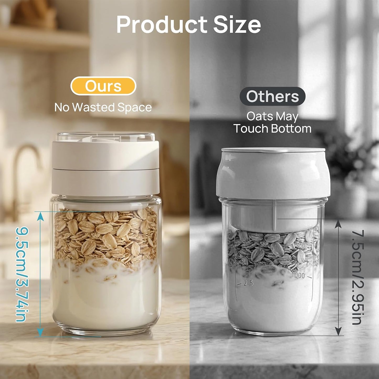 Vtopmart 6 Pack 16oz Glass Overnight Oats Container with Spoon, Compartment | Folding Spoons, Divided Compartments, Airtight Leakproof, Portable, Wide Mouth, For Yogurt, Chia Pudding, Salad Pickling