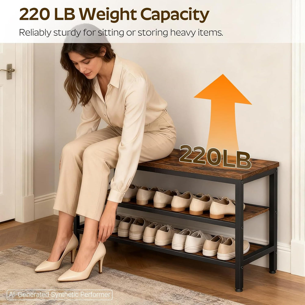 YATINEY Wooden Shoe Bench, 3-Tier Industrial Shoe Storage Bench, Sturdy Shoe ...