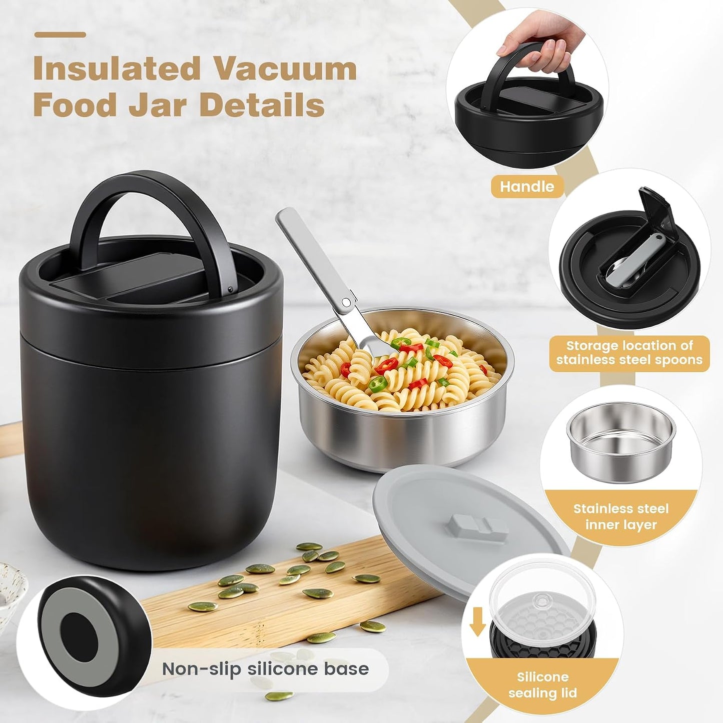 Thermo for Hot Food Adults, 40.5oz Wide Mouth Soup Thermo Lunch Containers with Spoon, Stainless Steel Vacuum Insulated Bento Lunch Box,Lunch Containers with Handle(Black)