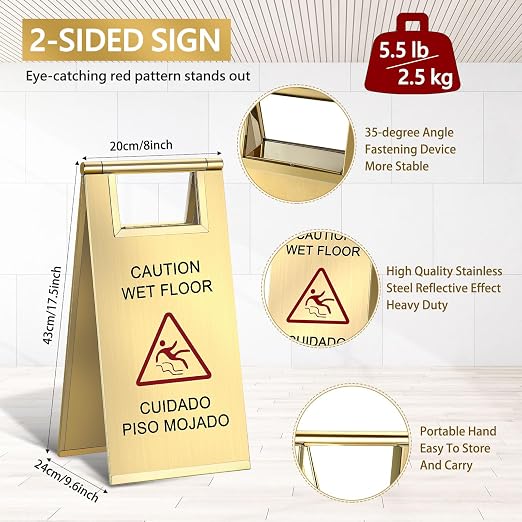 Kigley 2 Pcs Wet Floor Sign, 17 Inch Stainless Steel Caution Wet Floor Sign - Image 2