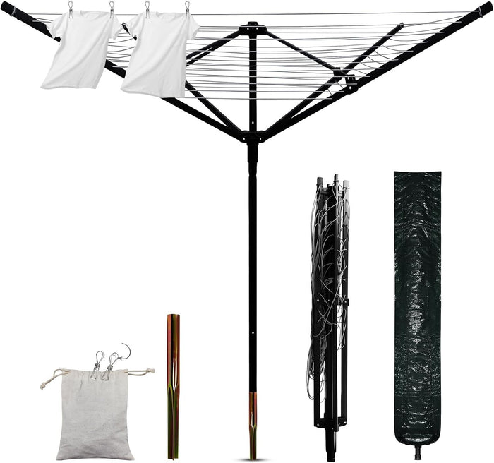 Outdoor Umbrella Drying Rack, 12 Lines 165ft Umbrella Clothesline Drying Space Adjustable Height, Outside Clothes Line with 40 Clothespins for Backyard