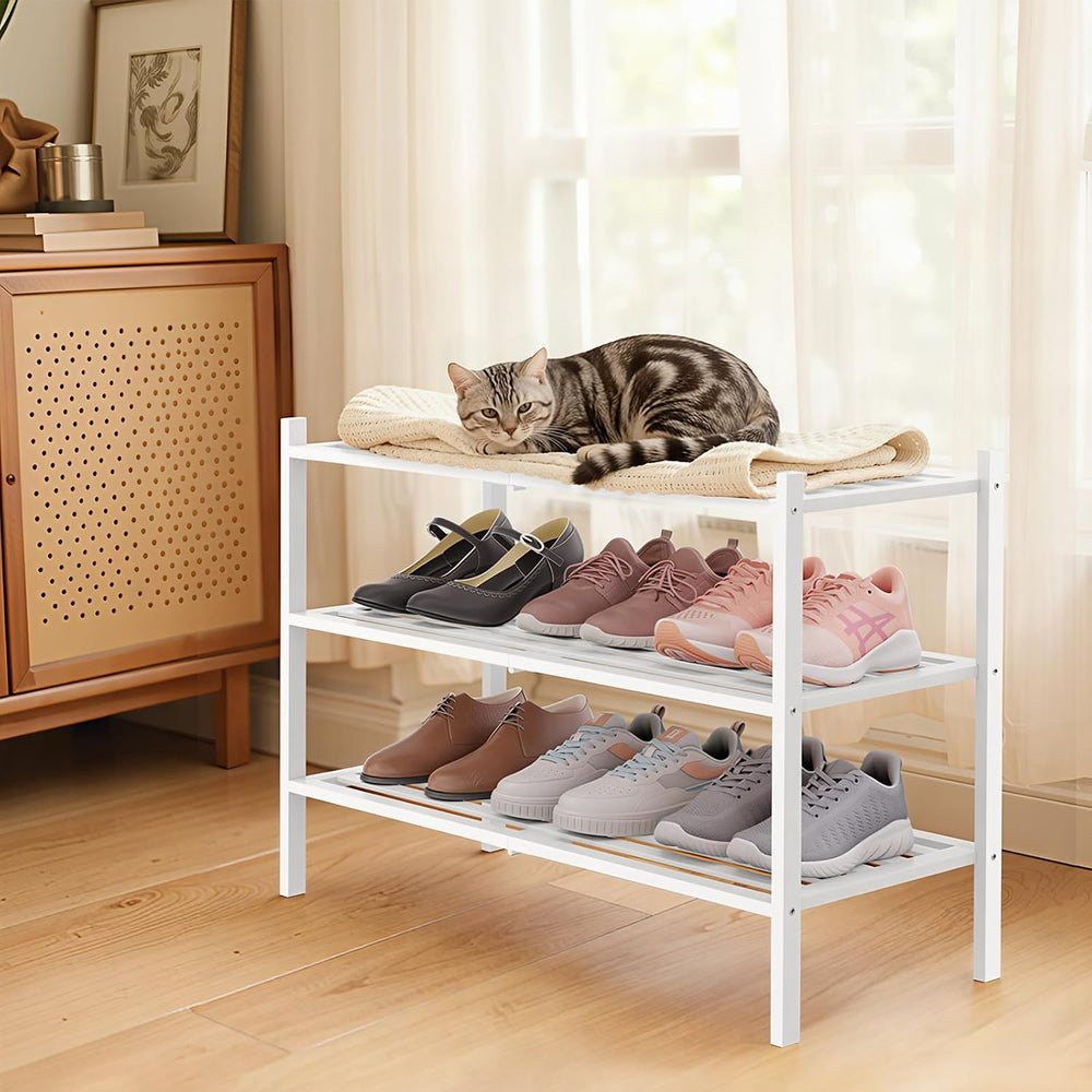 Smiry Bamboo Shoe Rack, 5 Horizontal Slats, 3 Tier - 26.8" Wide, White