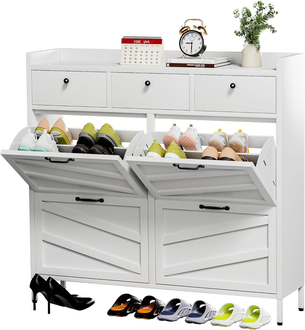 IKIMI White Metal Shoe Storage Cabinet with 4 Flip Drawers & 3 Top Drawers