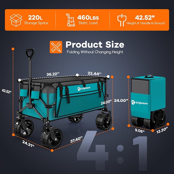 220L Collapsible Wagon Cart Foldable, 460lbs Load Capacity Heavy Duty Folding - Image 2