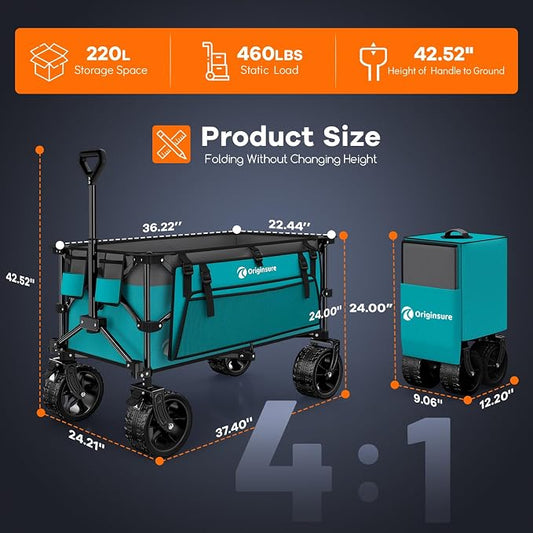 220L Collapsible Wagon Cart Foldable, 460lbs Load Capacity Heavy Duty Folding - Image 2