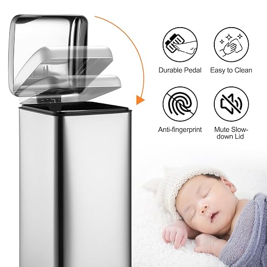 8 Gal/30L Slim Trash Can, Rectangular Step-On Stainless Steel Garbage Can - Image 4