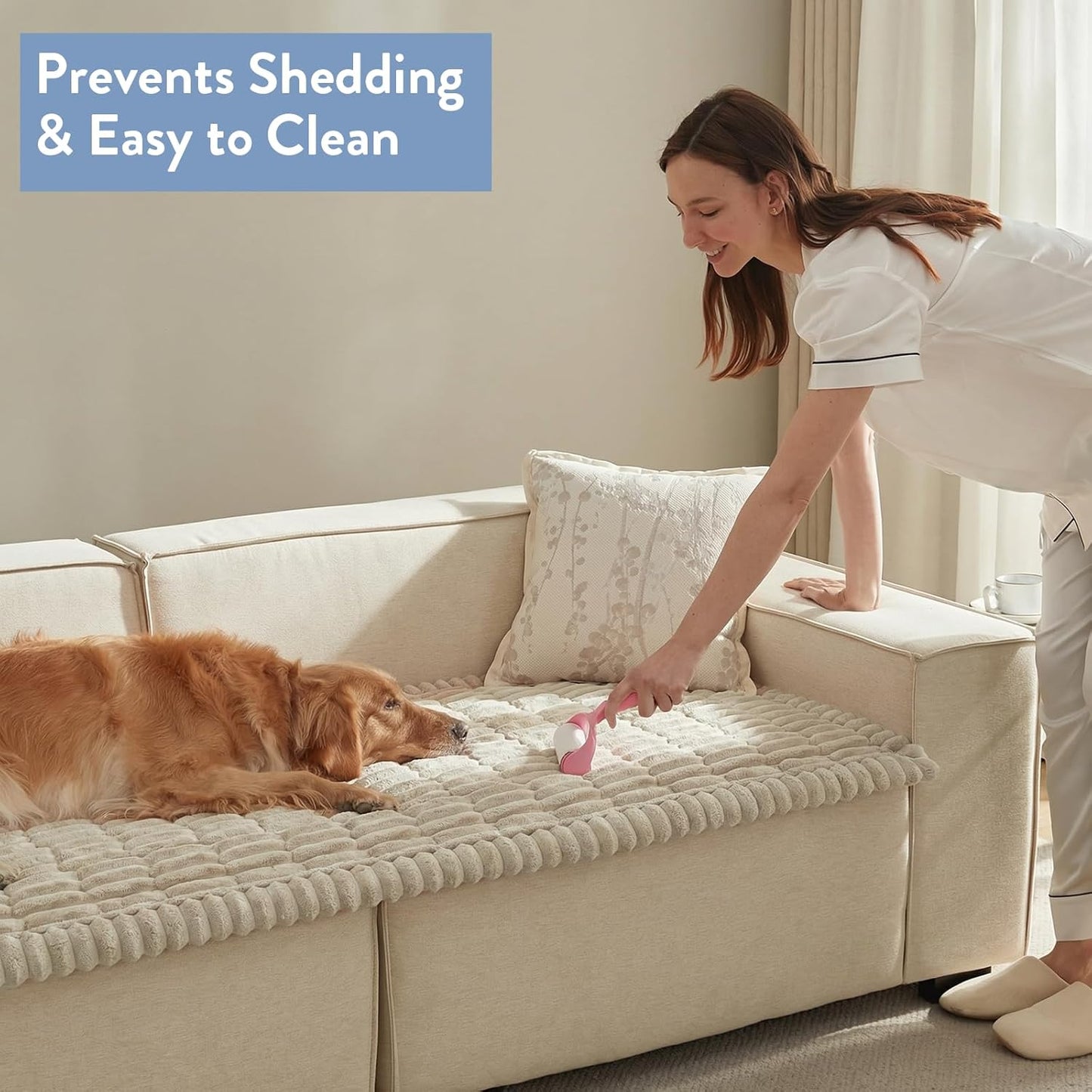 SureFit Couch Covers for Dogs,Washable Couch Protector for 3-Cushion Sofa,Non-Slip Paw Print Grip,Soft Skin-Friendly Furniture Cover for Pets,Thick and Cozy Slipcover for Sofa Cushions(28”x71“ Khaki)