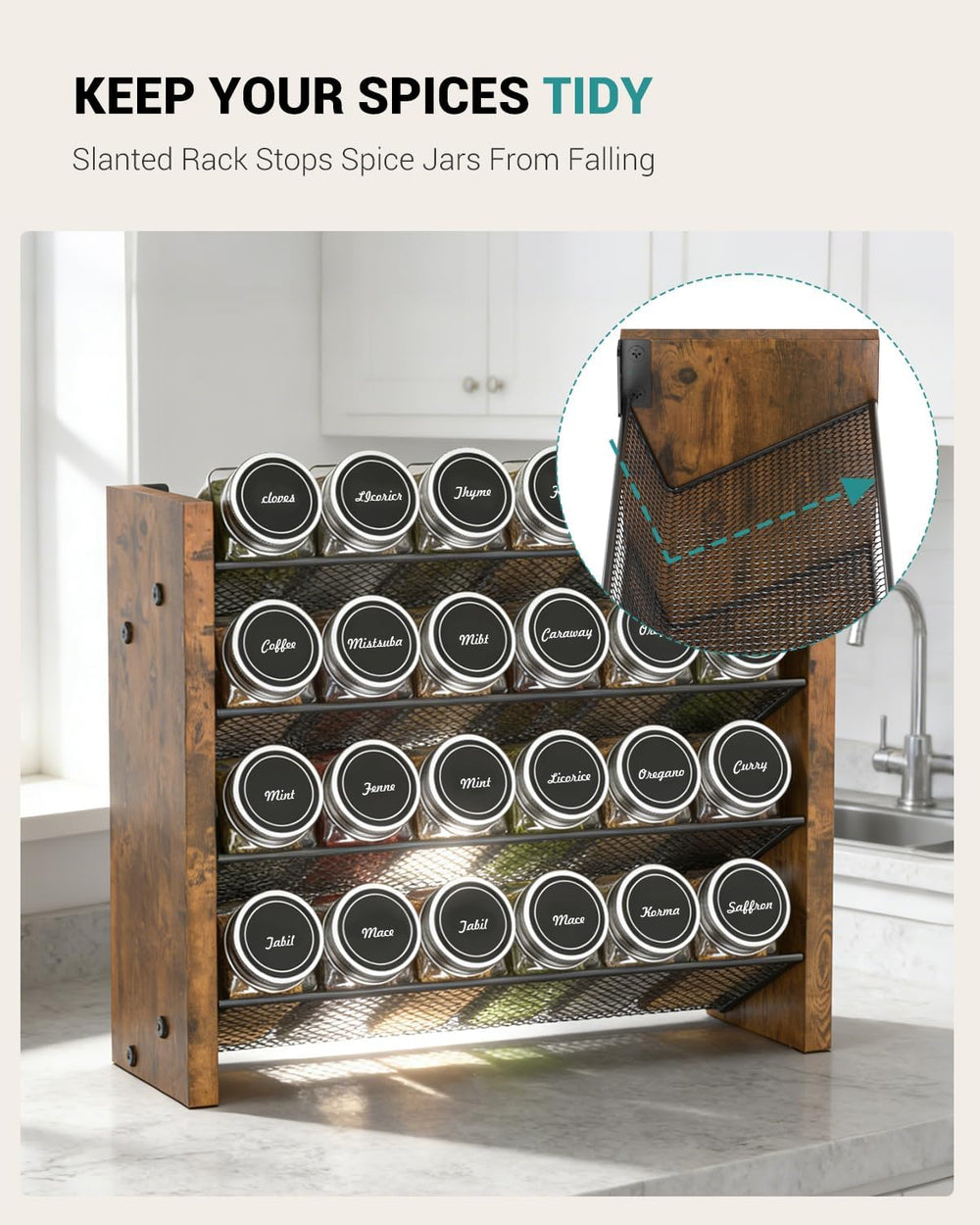 Spice Rack Organizer with 24 Glass Jars, for Cabinet Wall Mount Countertop