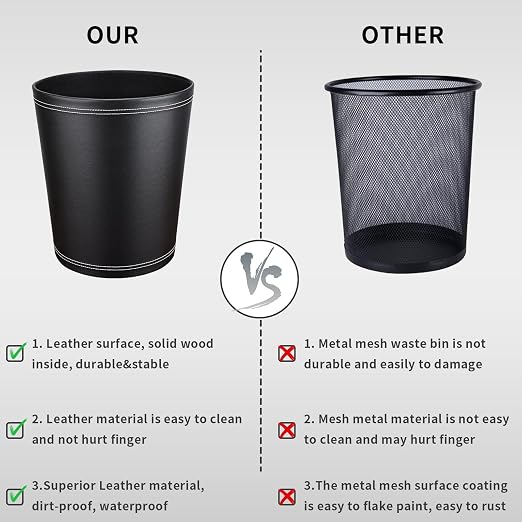 Pu Leather Trash Can, 2.6 Gallon Black Bathroom Trash Can, Small Office Garbage - Image 6