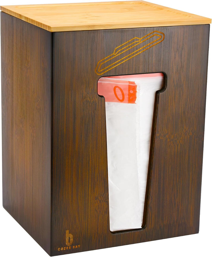 Bamboo Trash Bag Dispenser with Lid, Trash Bag Holder Organizer, Garbage Bag Dispenser for Kitchen Countertop, Under Sink and Wall Mount - Extra Large (Vintage Brown)