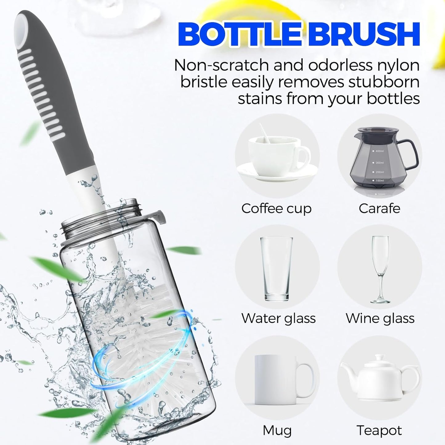 Holikme 6 Pack Dish Brush Set with Bottle Brush, Dish Scrub Brush, Pan Brush and 3 Straw Brushes, Deep Cleaning Handle Brush with Scraper Tip for Kitchen Sink Dishes Bottle Cup Pot and Pans (Gray)