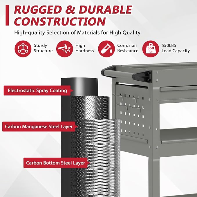 3 Tier Rolling Tool Cart on Wheels, Heavy Duty Industrial Utility Cart Service - Image 2