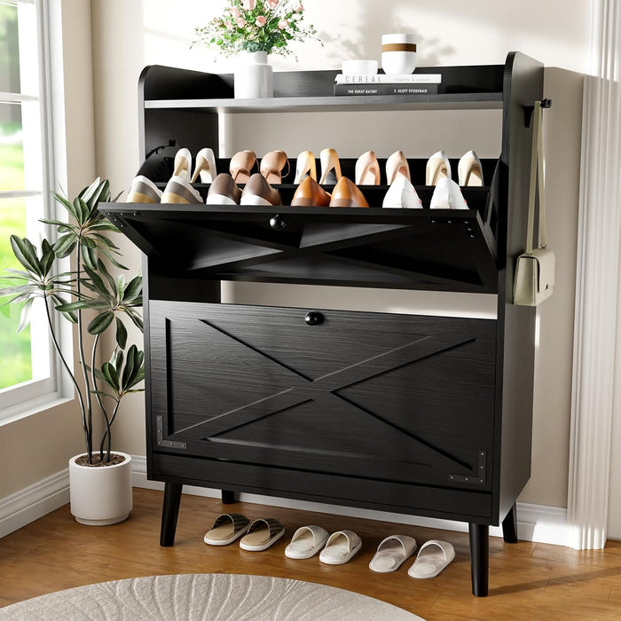 YZ HOME Shoe Storage Cabinet with 2 Flip Drawers, Entryway Shoe Cabinet with 2 Metal Hooks & Adjustable Shelves Freestanding Shoe Organizer Narrow Shoe Rack for Entrance Hallway Foyer Front Door