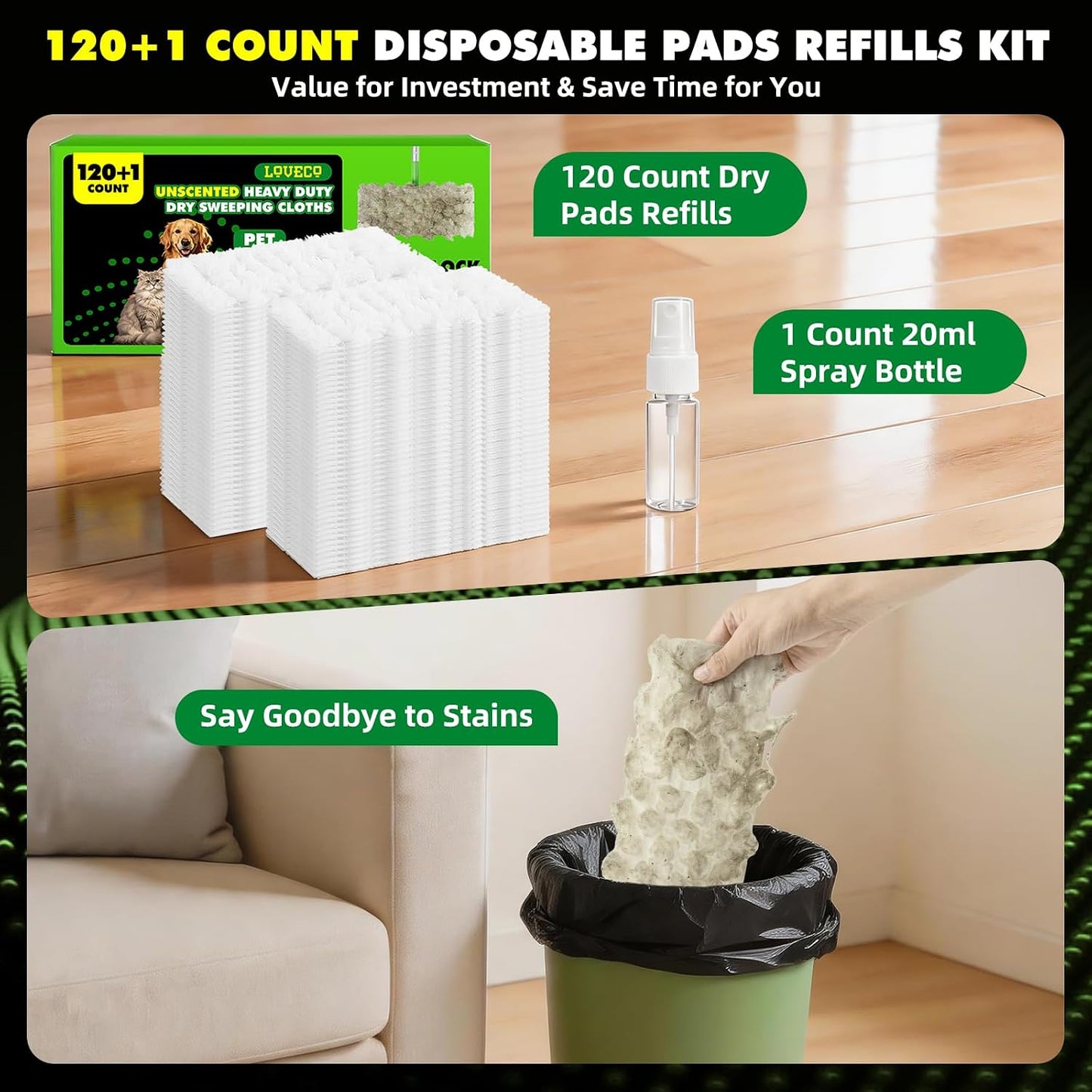 120Count Heavy Duty Dry Cloths Compatible with Swiffer Sweeper Mop, Multi-Surface Dry Sweeping Cloths for Floor Sweeping and Cleaning Pet Hair & Dust, Unscented Dry Pads Refills Pet Dry Sweeping Cloth