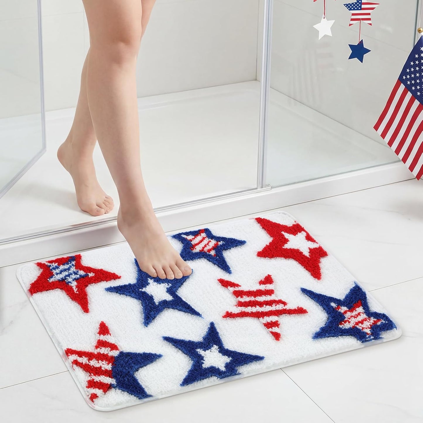 Moutina 3D Red White Blue Stars Bathroom Rugs 17x29 Inch, Soft and Absorbent Tufted 4th of July Rug Non Slip Washable, Patriotic Bathroom Decor Bath Mat Holiday Decorations