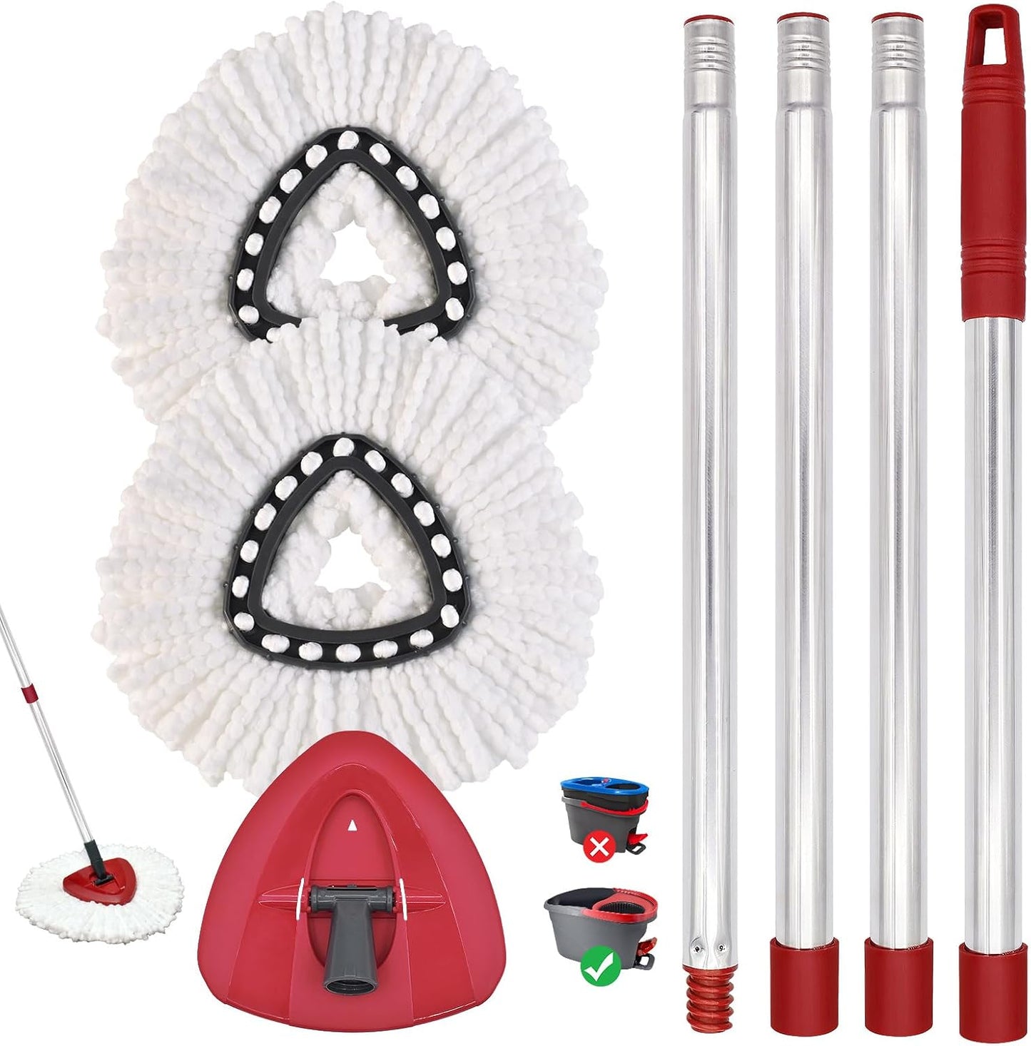 2PCS Mop Heads Replacements, Mop Handle for O Cedar,1 Spin Base for Ocedar, Mop Stick Pole Handle Adjustable 30-58" and Replacement Base Part for Cleaning
