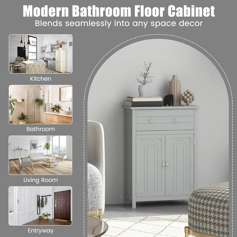 COSTWAY Bathroom Floor Cabinet, Wooden Side Storage Organizer (Grey)
