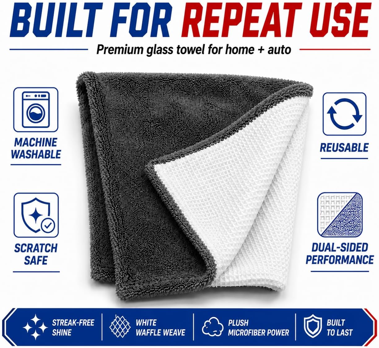 Hybrid Glass Microfiber Towel – Waffle Weave & Plush Dual Action Cleaning Cloth – Streak-Free Window and Surface Drying Towel – Professional Grade –16x16-1000 GSM 1-Pack | Hybrid Glass Microfiber Towel Waffle Weave & Plush Dual Action Cleaning Cloth