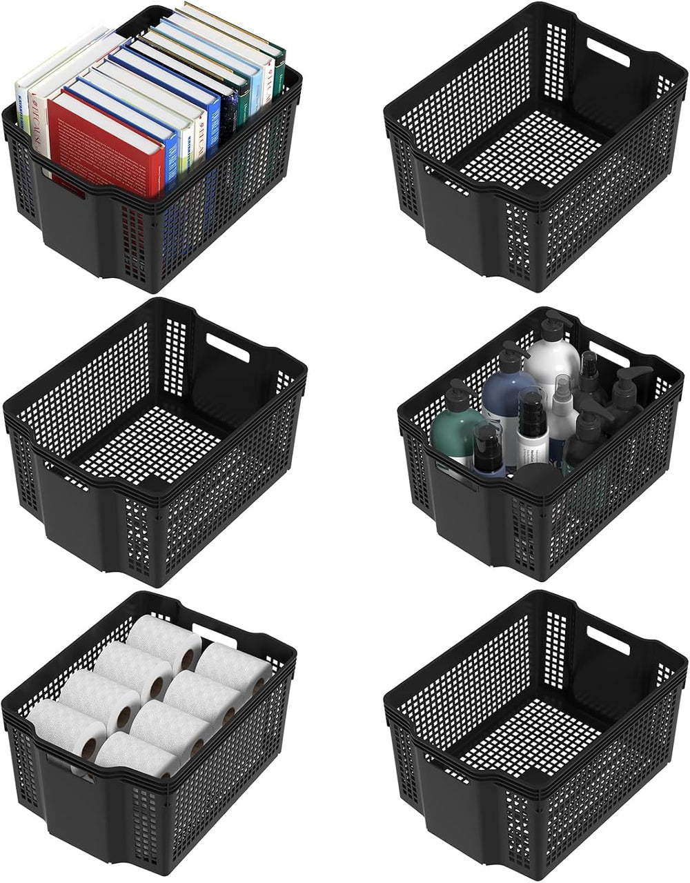 Stackable Woven Plastic Storage Baskets, 6 Pack Container Tote