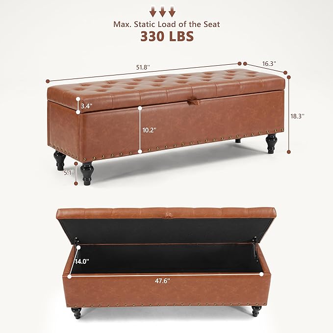 50" Storage Ottoman Bench, Tufted Ottoman