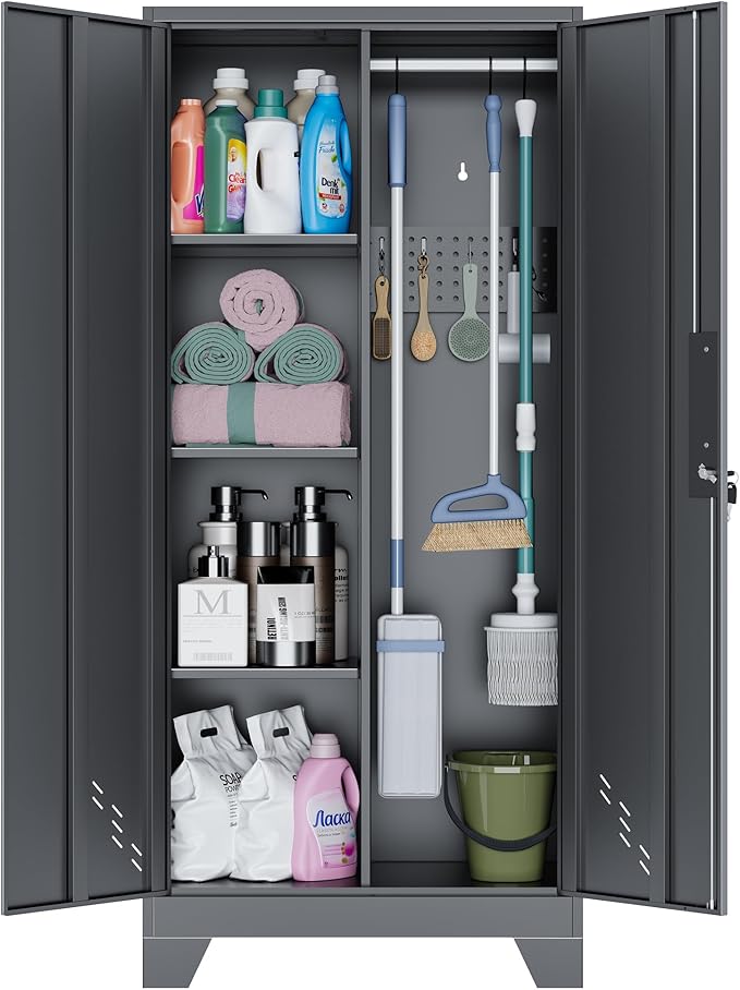 Metal Storage Cabinet with Locking Doors, Broom Closet, Freestanding Bathroom by OSEILLC