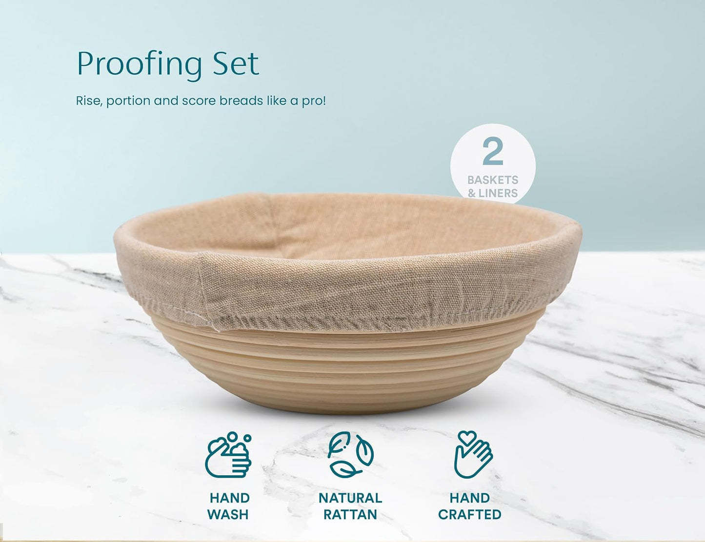 Kook Banneton Bread Proofing Set, Artisan Sourdough Bread Making Kit, 9 Inch Handwoven Rattan Baskets and Liners, Metal & Plastic Dough Scrapers, Scoring Lame & Case, 4 Extra Blades, Set of 2, Round