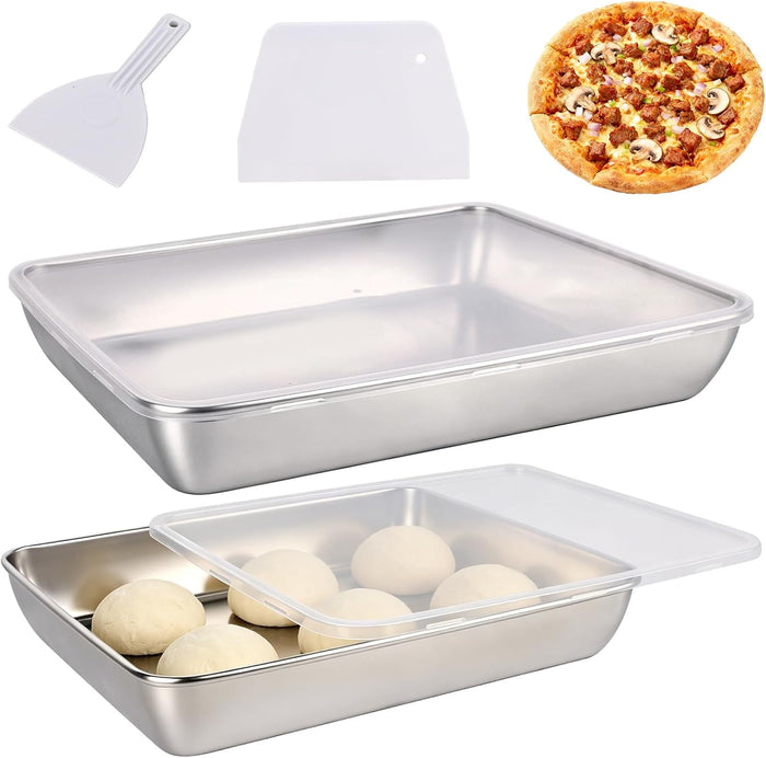2 Pack Pizza Dough Proofing Box, 6L Large Capacity Stainless Steel Food Storage Container with Lid, Household Pizza Dough Tray for Bread & Dough Balls, Includes Cutter