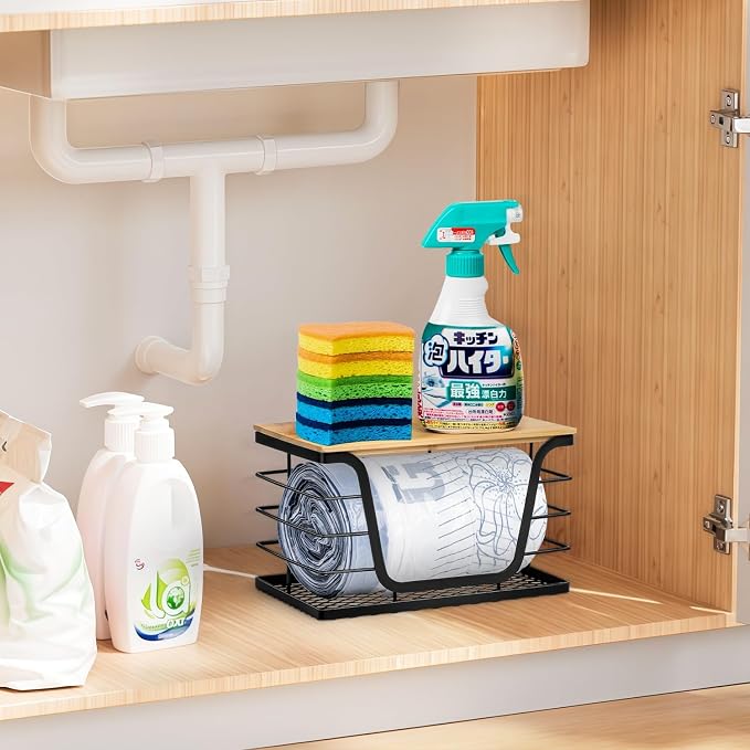 Wetheny Trash Bag Holder with Bamboo Top and Mesh Bottom, Stackable Garbage Bag - Image 2