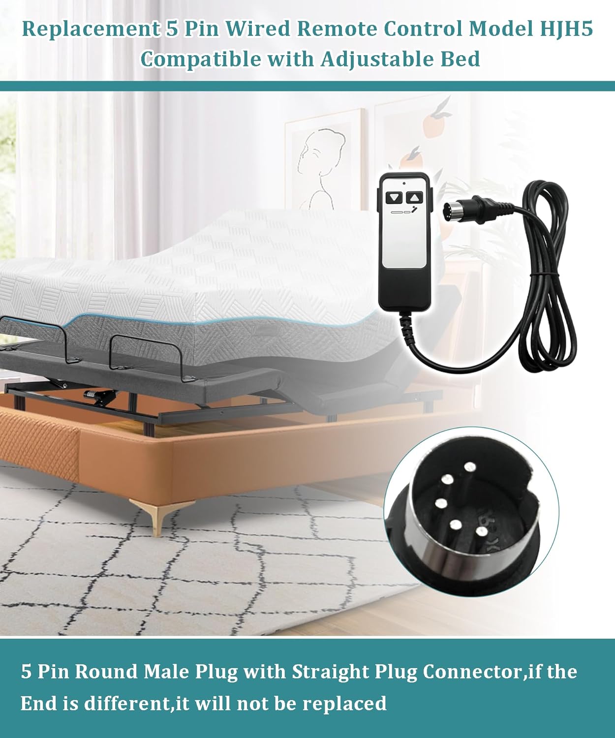 HJH5 2 Button 5 Pin Adjustable Bed Richmat Wired Remote Control Replacement Parts Fits for Matt.Firm 50 Series & Leggett and Platt Bas-X CF Wired Adjustable Bed