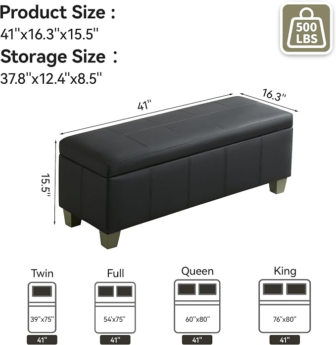 41" Faux Leather Storage Ottoman, Stitch Tufted Rectangle Upholstered End of - Image 2