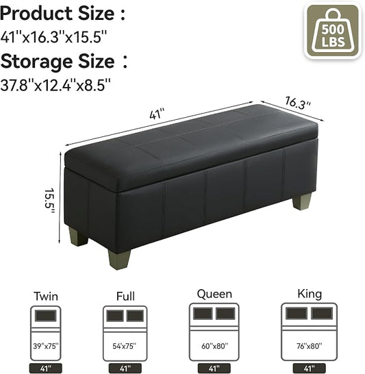 41" Faux Leather Storage Ottoman, Stitch Tufted Rectangle Upholstered End of - Image 2