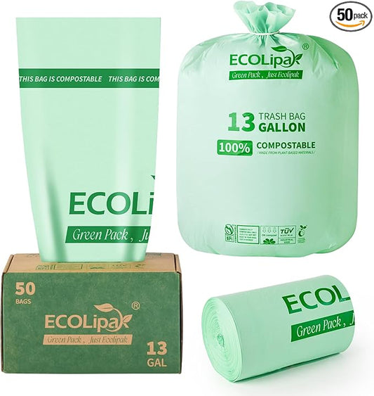 ECOLipak 13 Gallon Compostable Trash Garbage Bags, US BPI ASTM D6400 and OK by ECOLipak