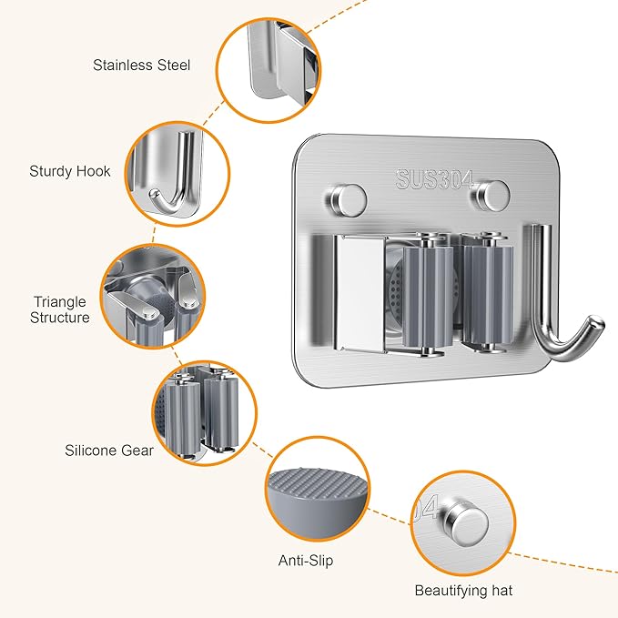 4 Pack Stainless Steel Mop and Broom Holder Wall Mount - Image 3