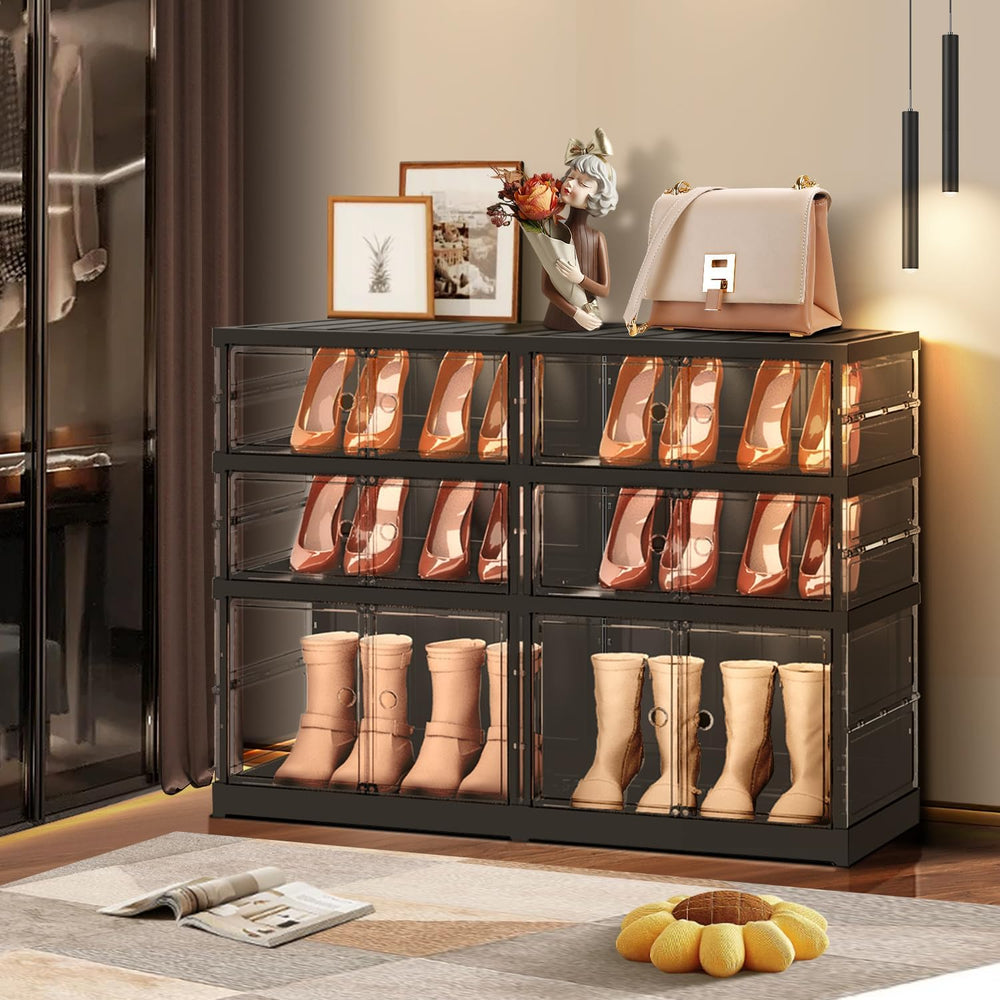 EHAMILY 3-Tier Foldable Shoe Rack, Magnetic Clear Doors, 12 Pairs, Black