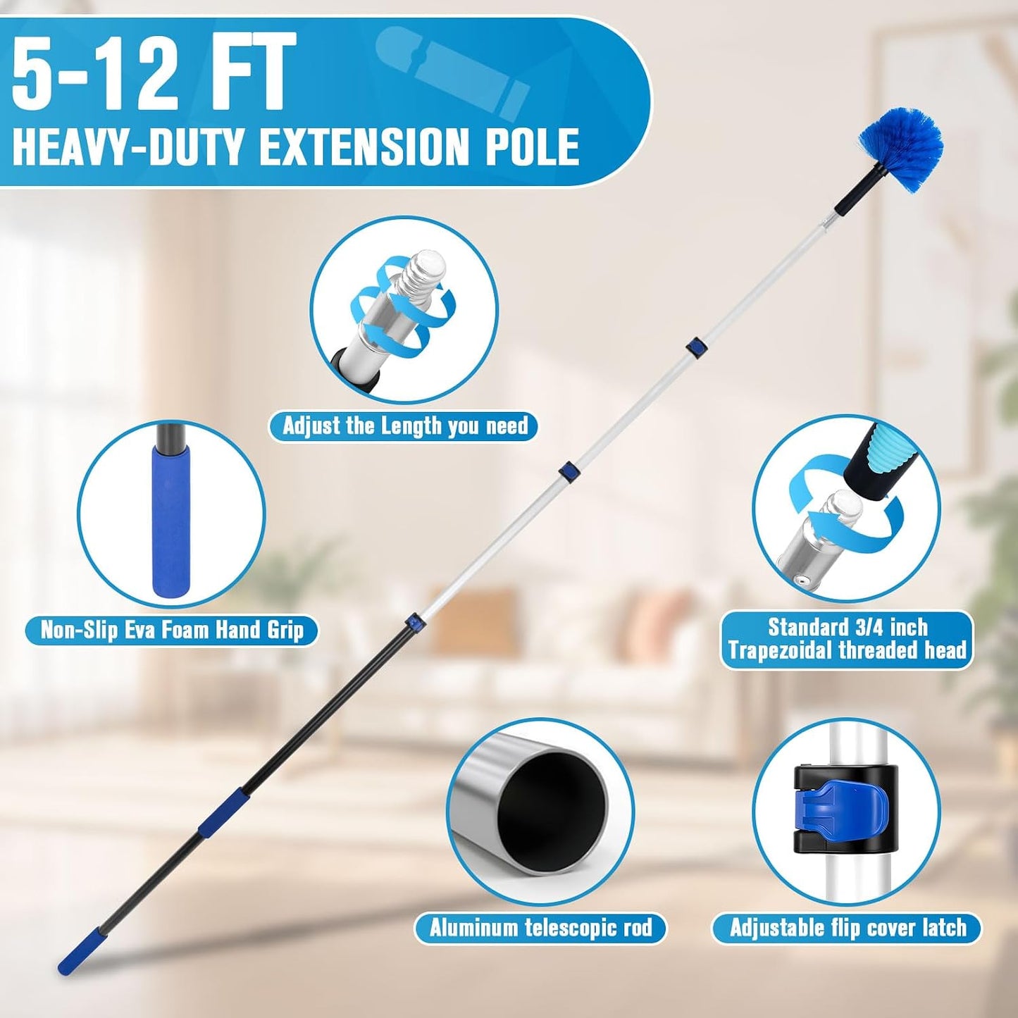 20Ft High Reach Ceiling Fan Cleaner Duster Kit, Reusable Cobweb Duster with 5-12Ft Heavy Duty Extension Pole, Washable Microfiber Duster & Window Squeegee for High Ceiling & Glass Cleaning