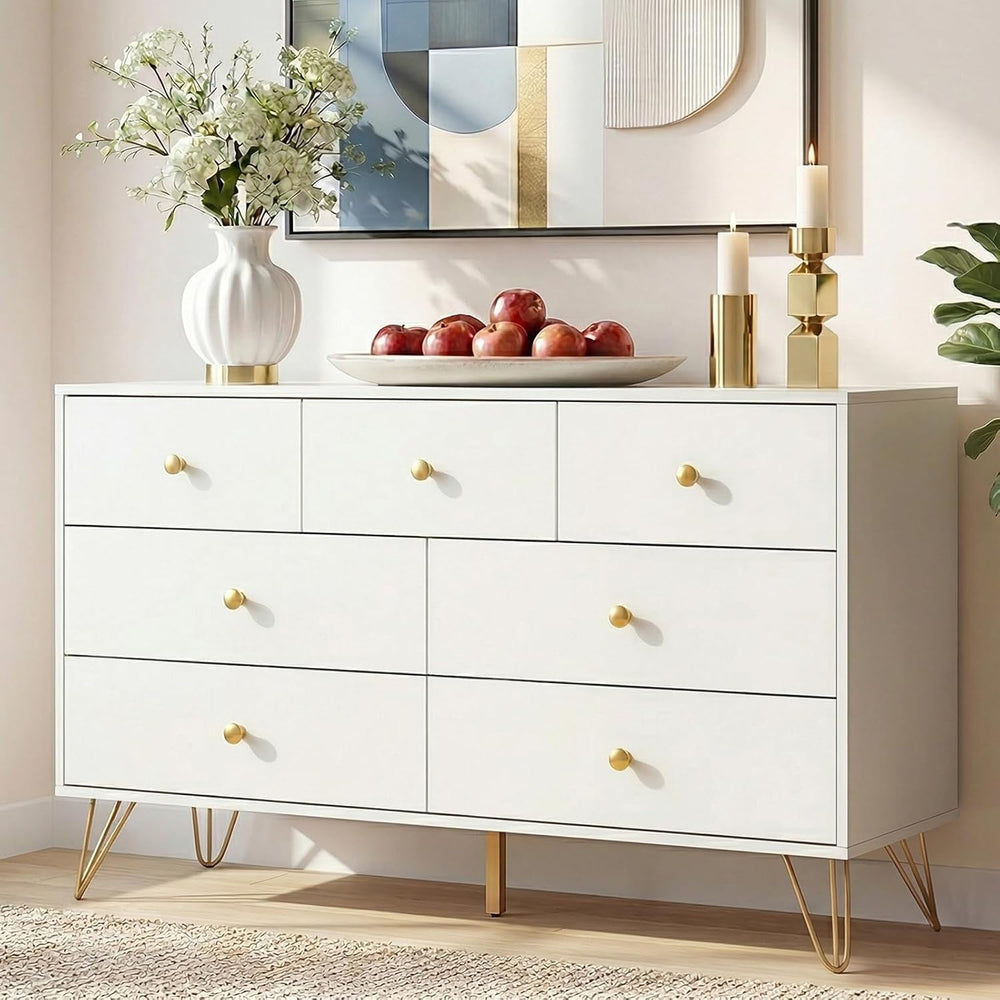 Tradare White Dresser for Bedroom, Modern 7 Drawer Dresser with Gold Handles ...