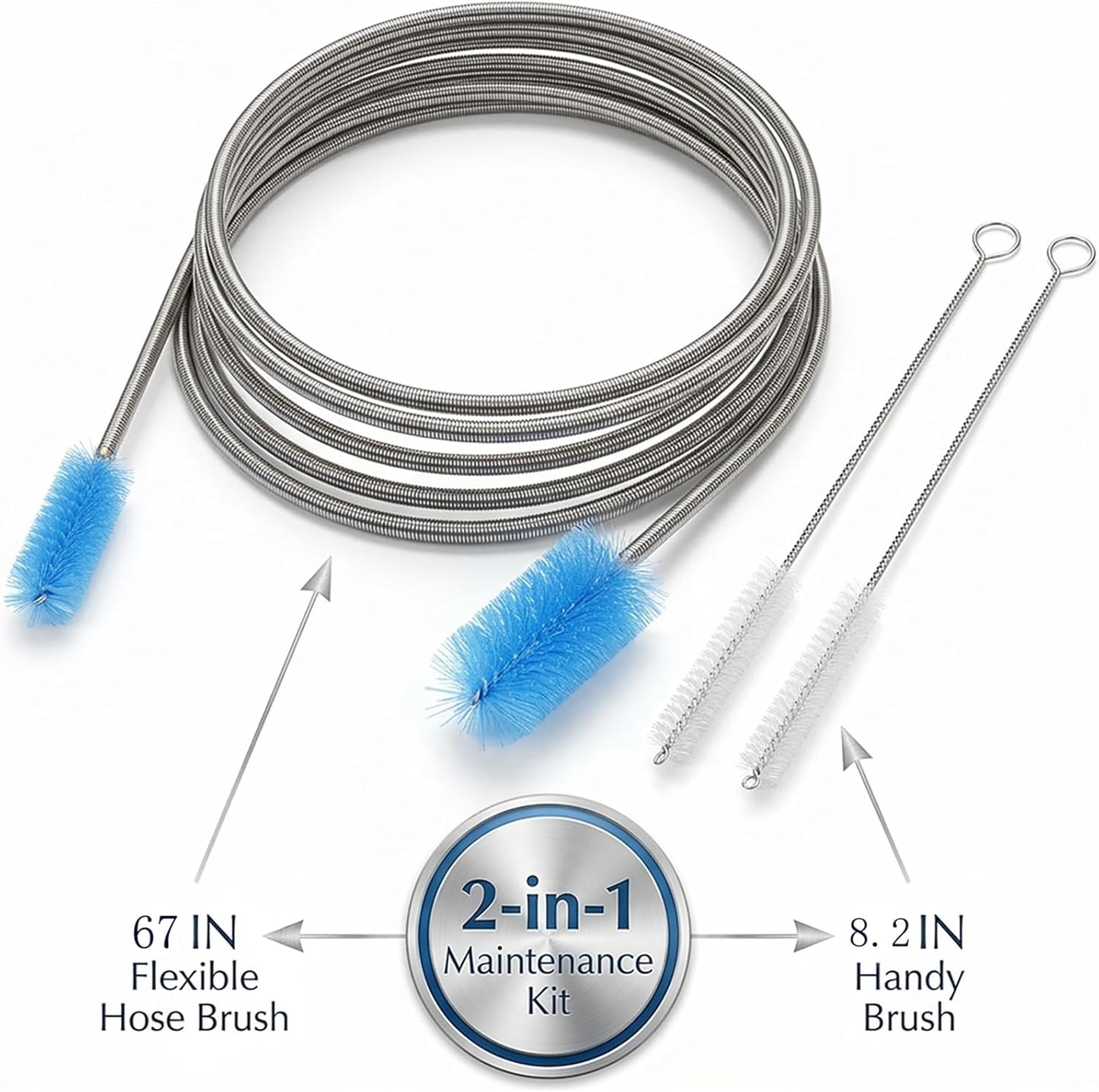 67" Flexible Drain Brush Set, Double Ended Long Hose Pipe Cleaner with 2 Pcs 8.2" Straw Cleaning Brushes, Nylon Tube Cleaner Tool for Refrigerator Defrost, Aquarium Filter, Sink Drain