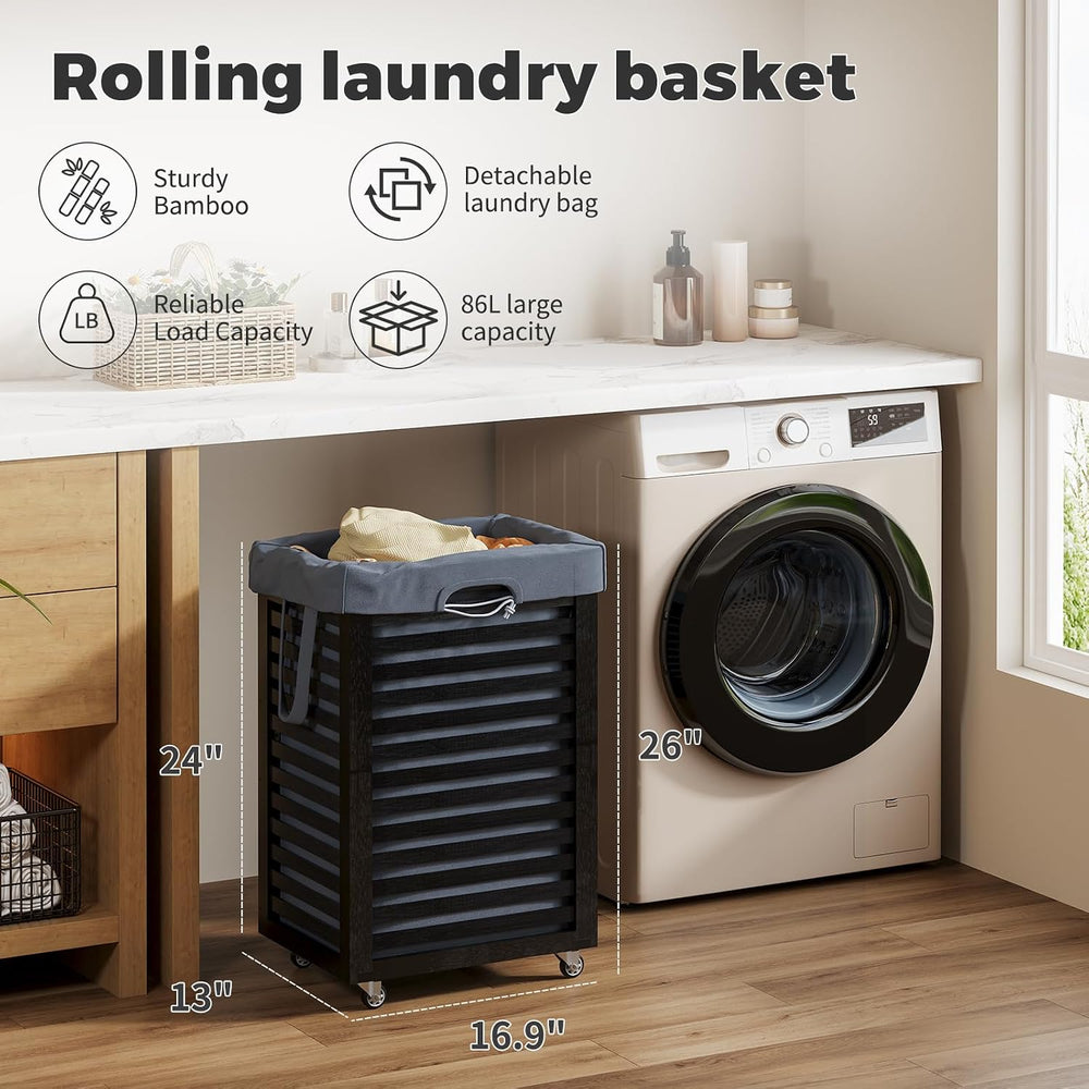 Laundry Hamper with Wheels,Rolling Laundry Basket with Removable Bag,Bamboo C...