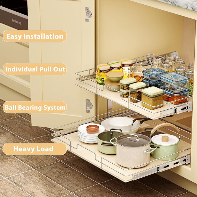 ROOMTEC 2 Tier Individual Pull Out Cabinet Organizer 25½"W x 21½"D, Slide Out - Image 5