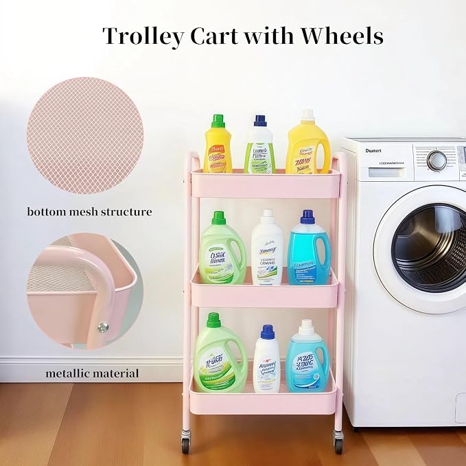 3 Tier Pink Rolling Cart for Nursery & Laundry Room - Image 3