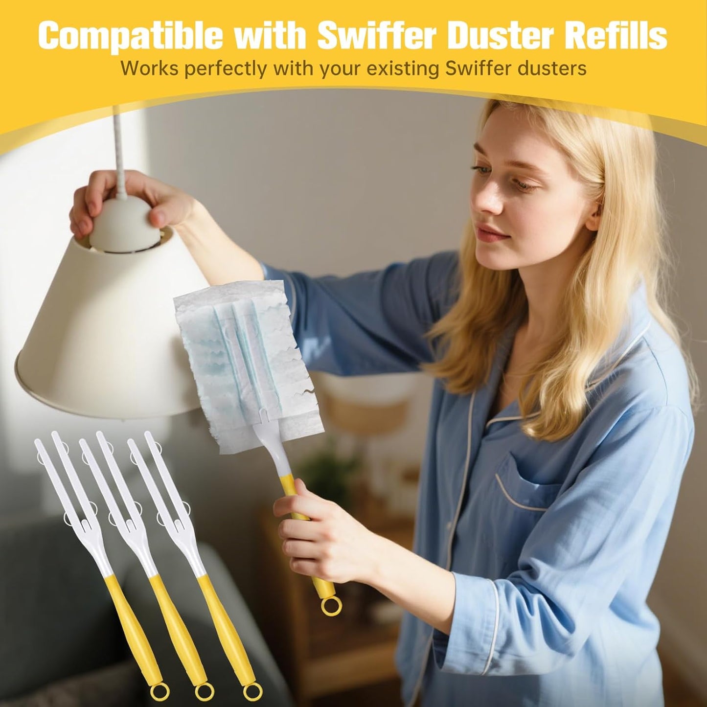 4PCS Replacement Dust Handles Stick Only Compatible with Swiffer Duster Handle Extendable Duster Mop Wand for Cleaning Car Blinds Furniture Electronics(4, Yellow & White)
