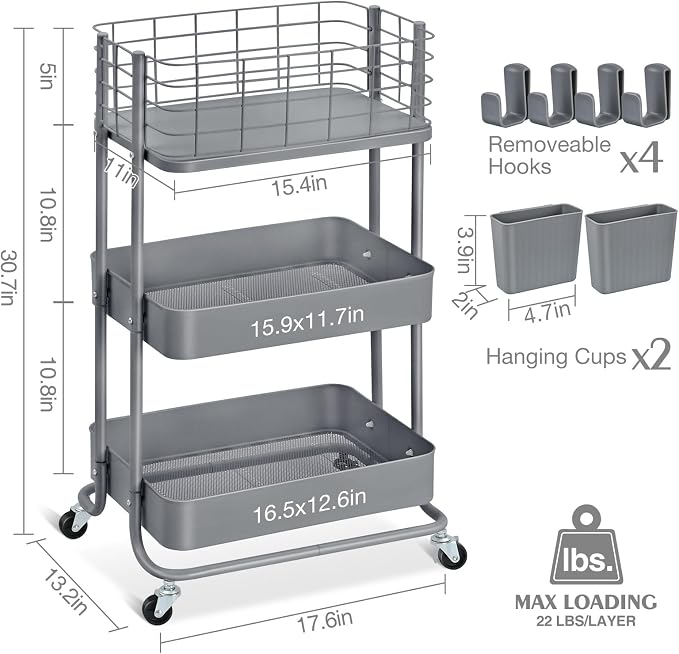 KINGRACK 3 Tier Metal Rolling Cart, Kitchen Organizers and Storage, Slim - Image 2